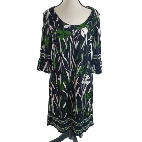 LOFT Womens Size 8 Green Black Floral Dress 3/4 Sleeve Scoop Neck Shift Style - Picture 1 of 6